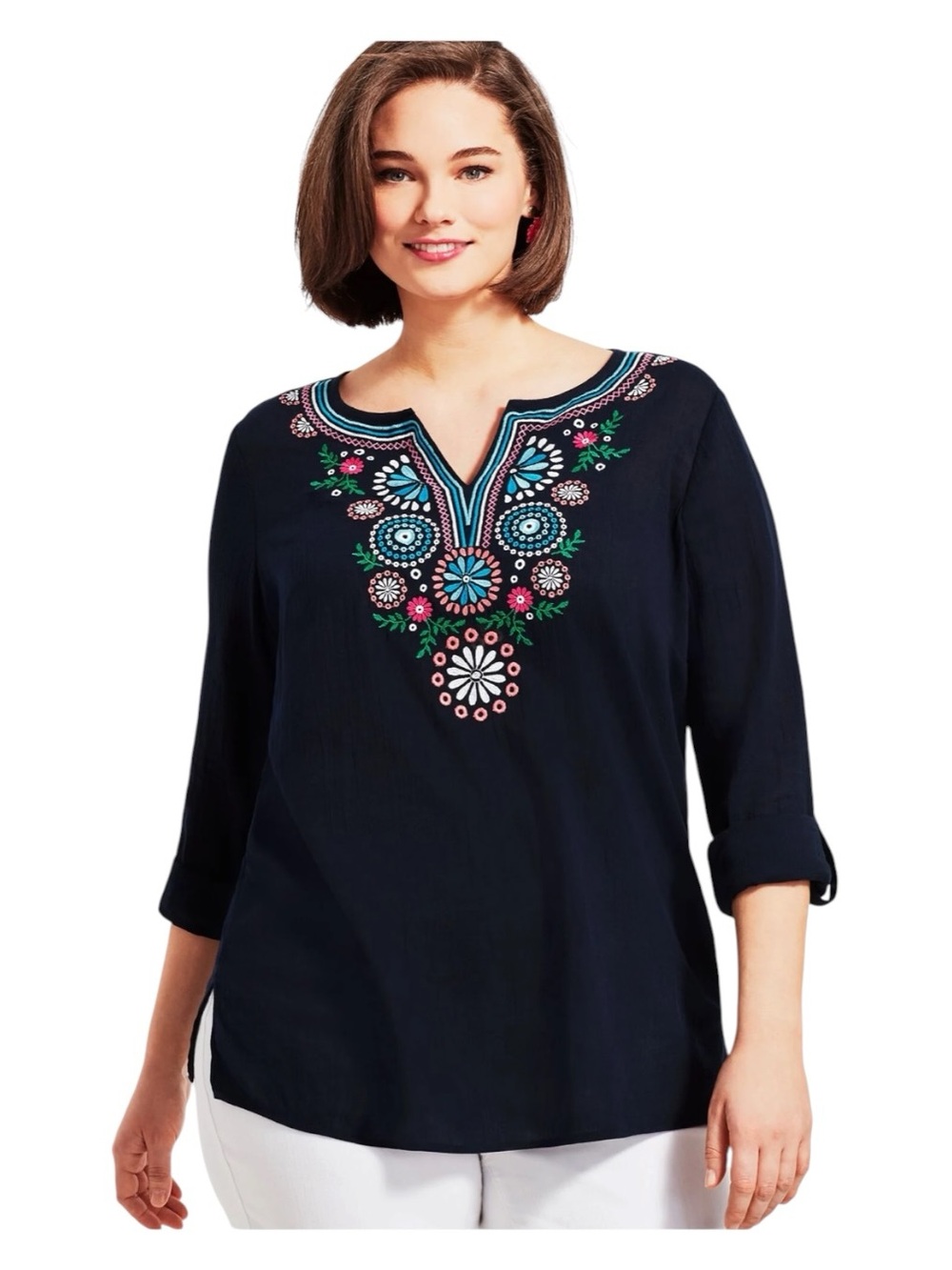 Talbots Woman Exclusive Embroidered long Sleeve Tunic Size 1X Navy 100% Cotton